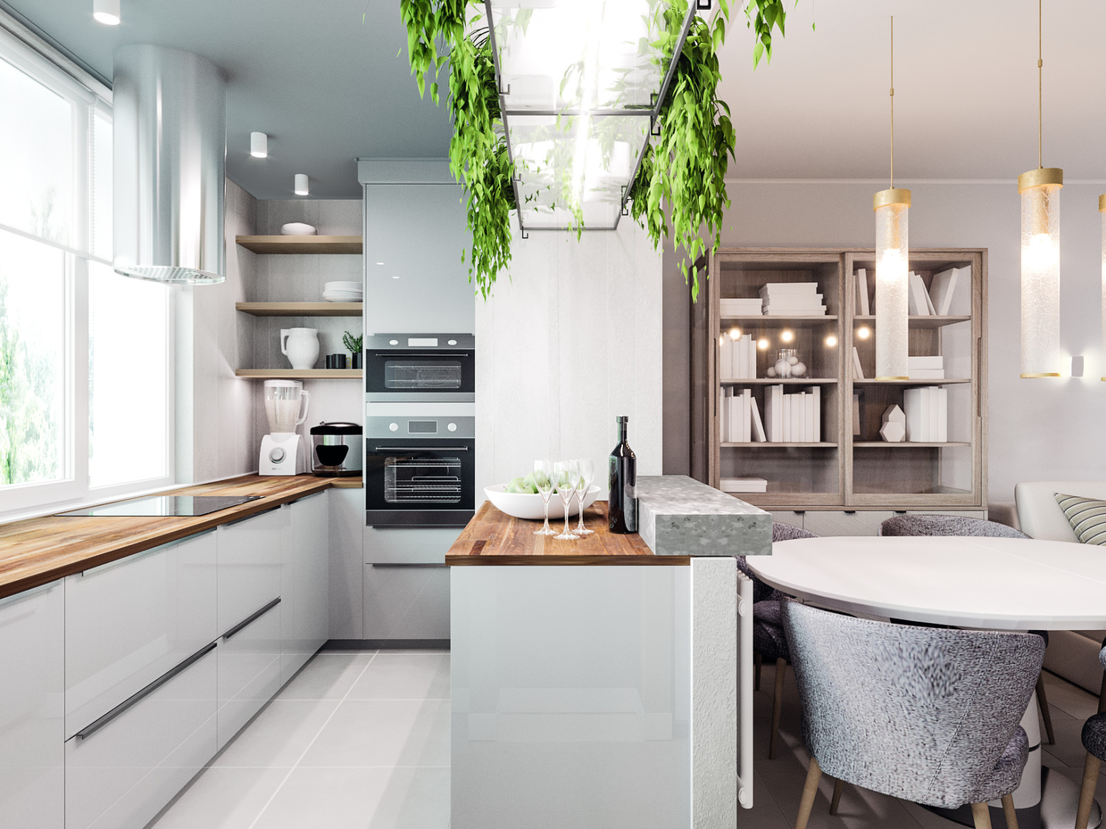 Soft-minimal кухня-гостиная с панорамным остеклением
