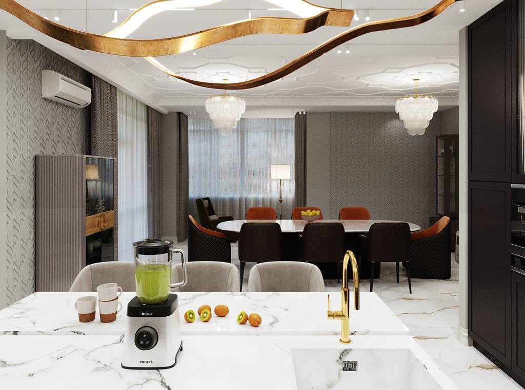 Кухня, остров. Вид на столовую