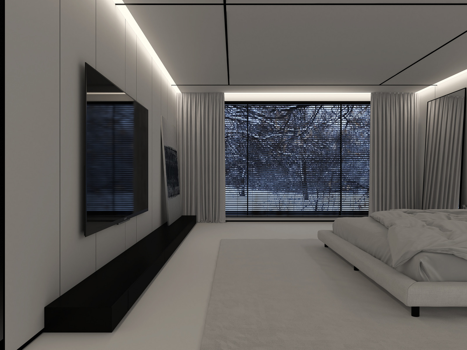 Белая спальня в стиле минимализм.  Основная чертами этой спальни это большая гар