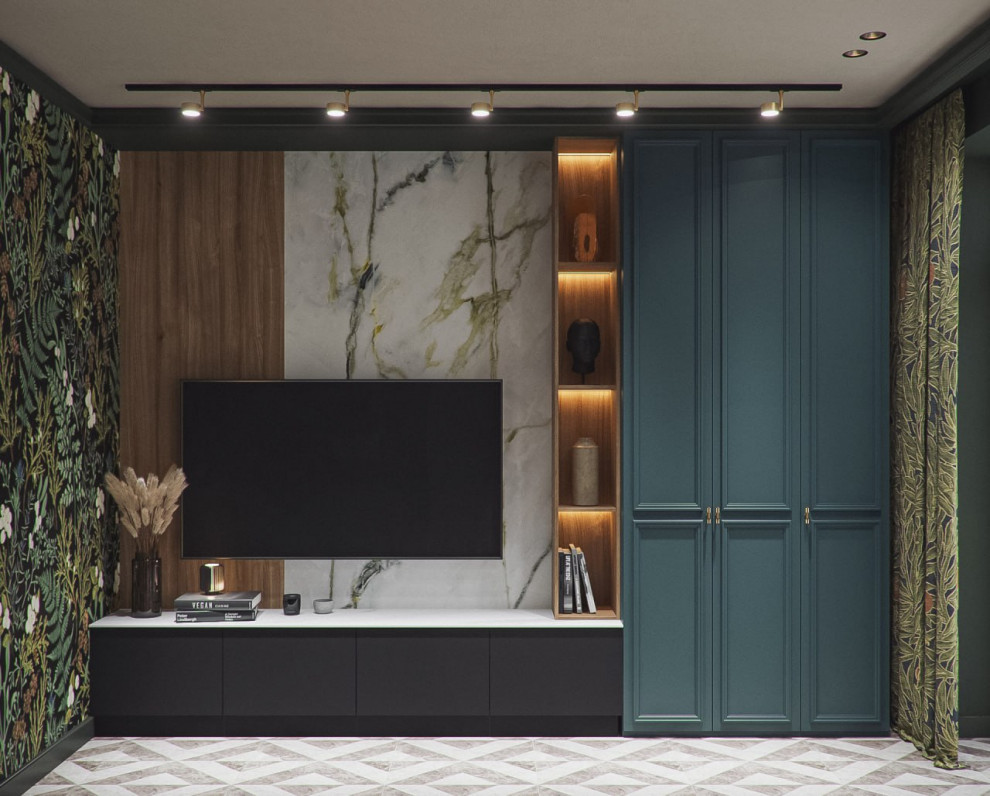 Гостиная на цокольном этаже таунхауса с выходом на улицу в зону барбекю