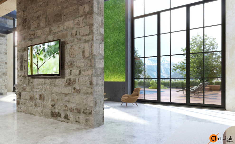 Просторная гостиная в загородном доме с белым мраморным полом