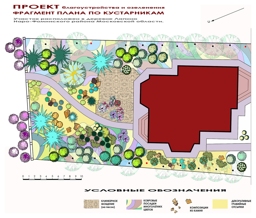 Проект участка - фрагмент план по кустарникам около патио.