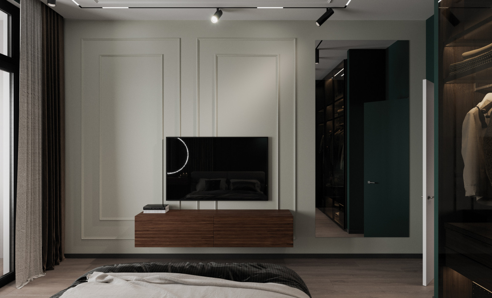 Дизайн спальни с изумрудным цветом и гардеробной комнаты