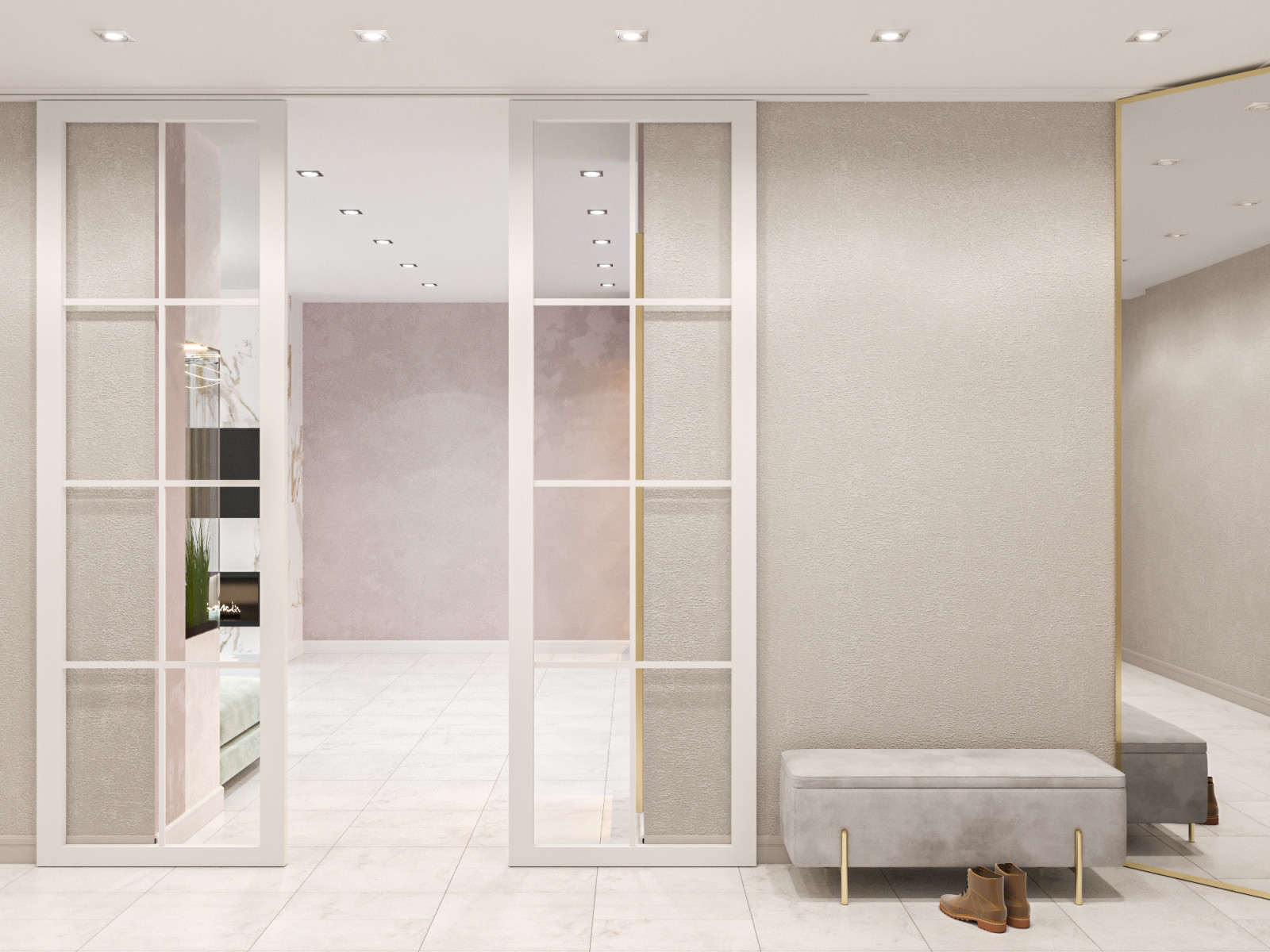 Пудровые цвета в интерьере кухни-гостиной