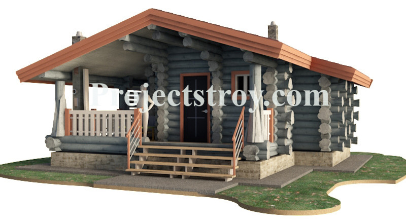 Log cabin of large diameter logs.