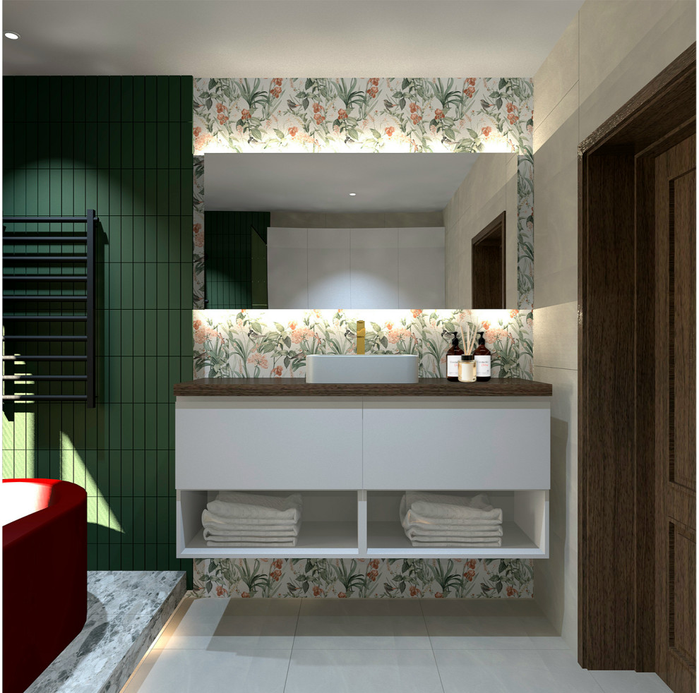 Дизайн ванной с яркими акцентами.