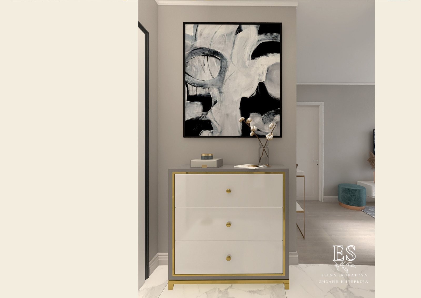 Квартира в бежевых оттенках с голубыми акцентами