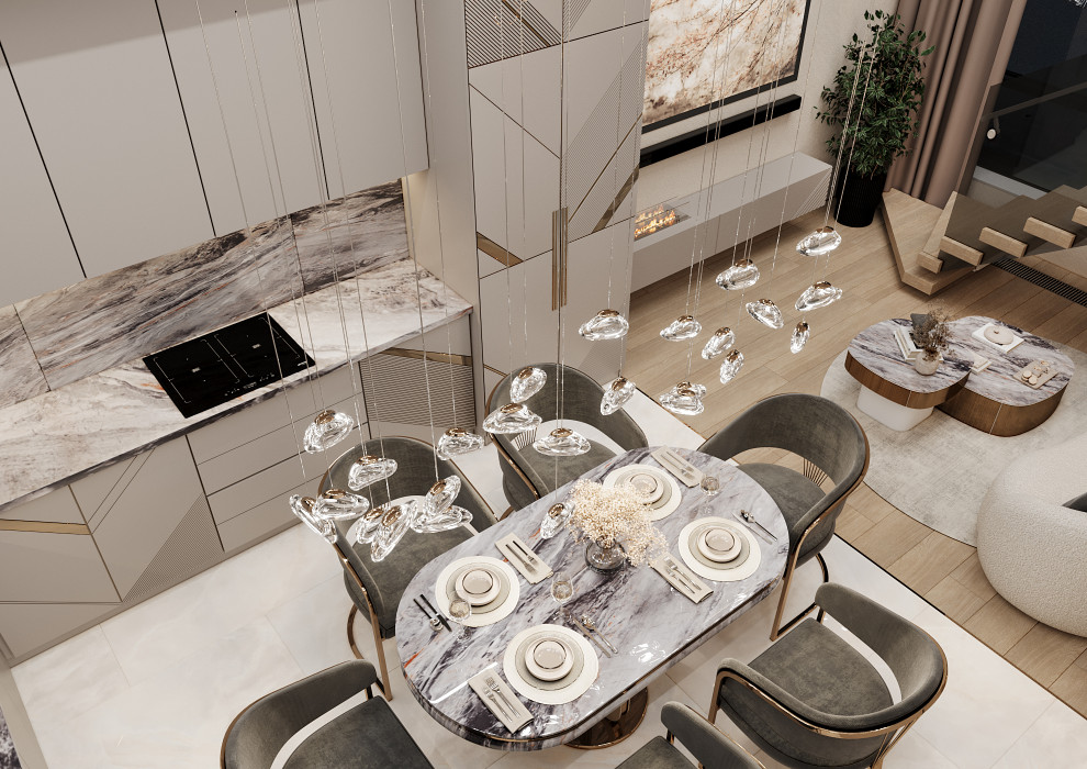 Дизайн кухни-гостиной в двухуровневой квартире в Москве