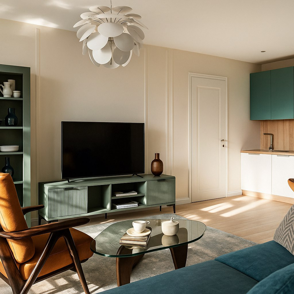 Кухня гостиная в миксе стилей mid century и скандинавского