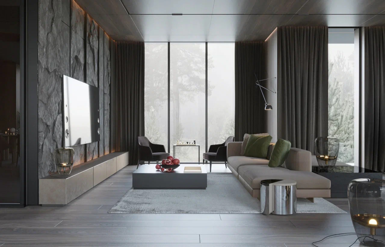 Главная зона в интерьере дома в КП Променад