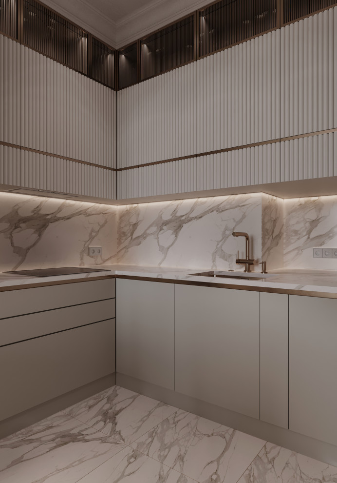 Интерьер бежевое кухни-гостиной 21м2