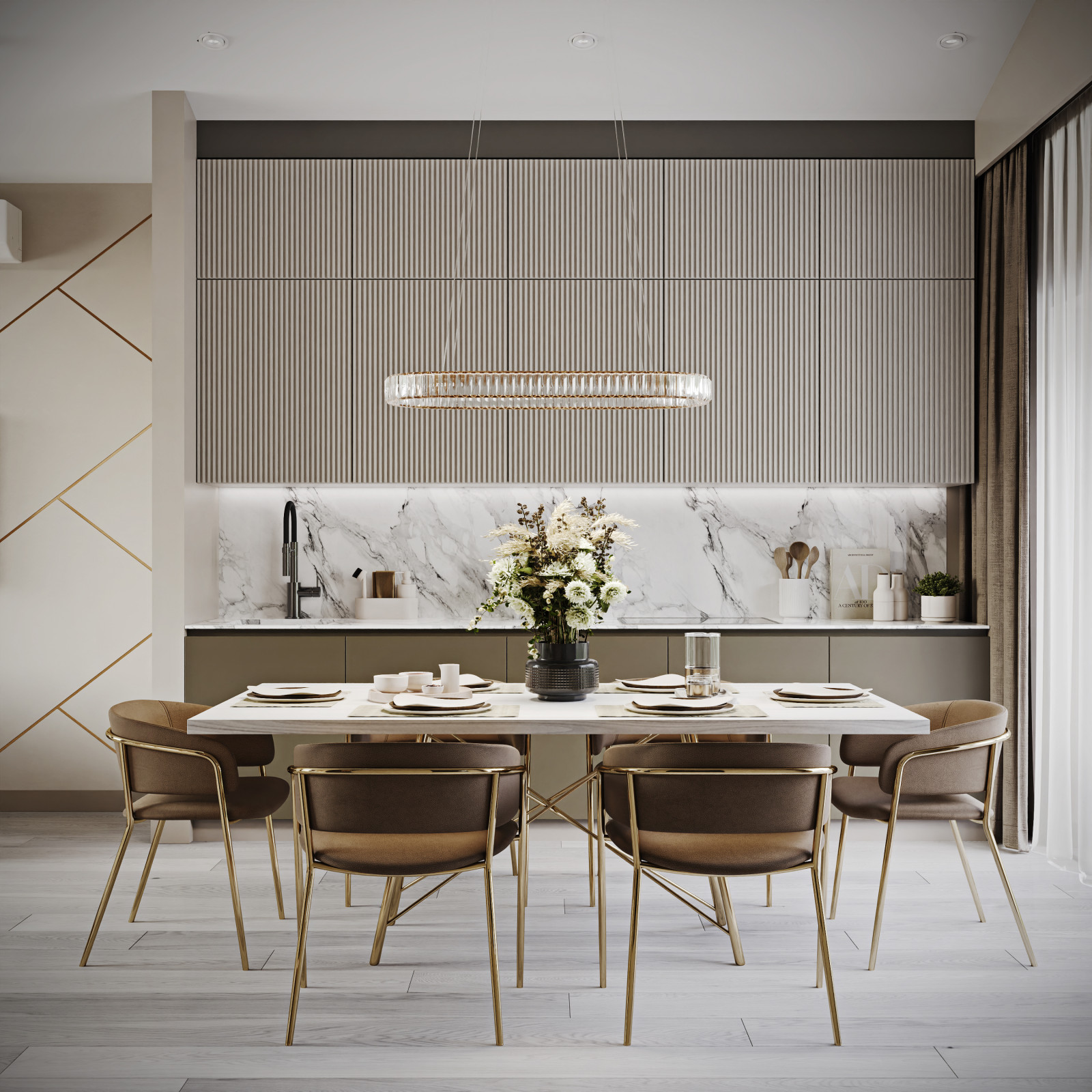 Светлая кухня-гостиная частного дома