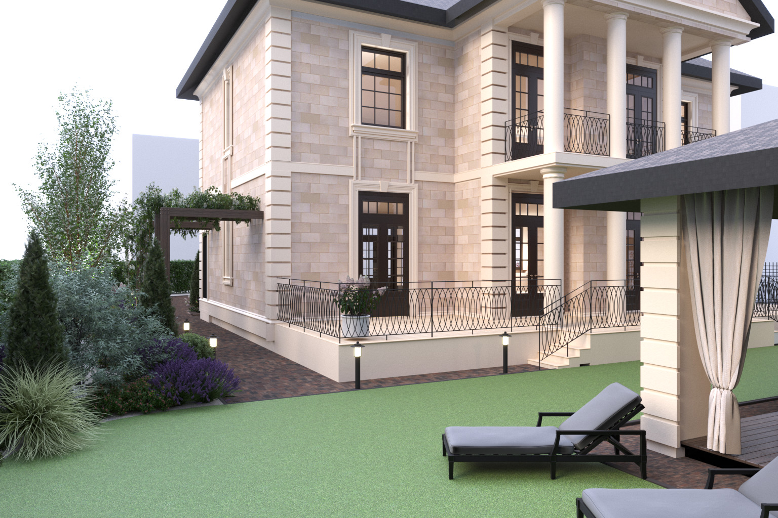 Ландшафтный проект участка с зоной барбекю и банным комплексом..