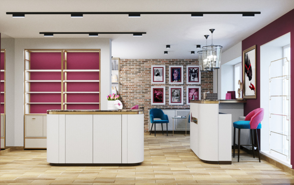 Дизайн интерьера магазина парфюмерии с зоной кафе в аутентичном стиле.