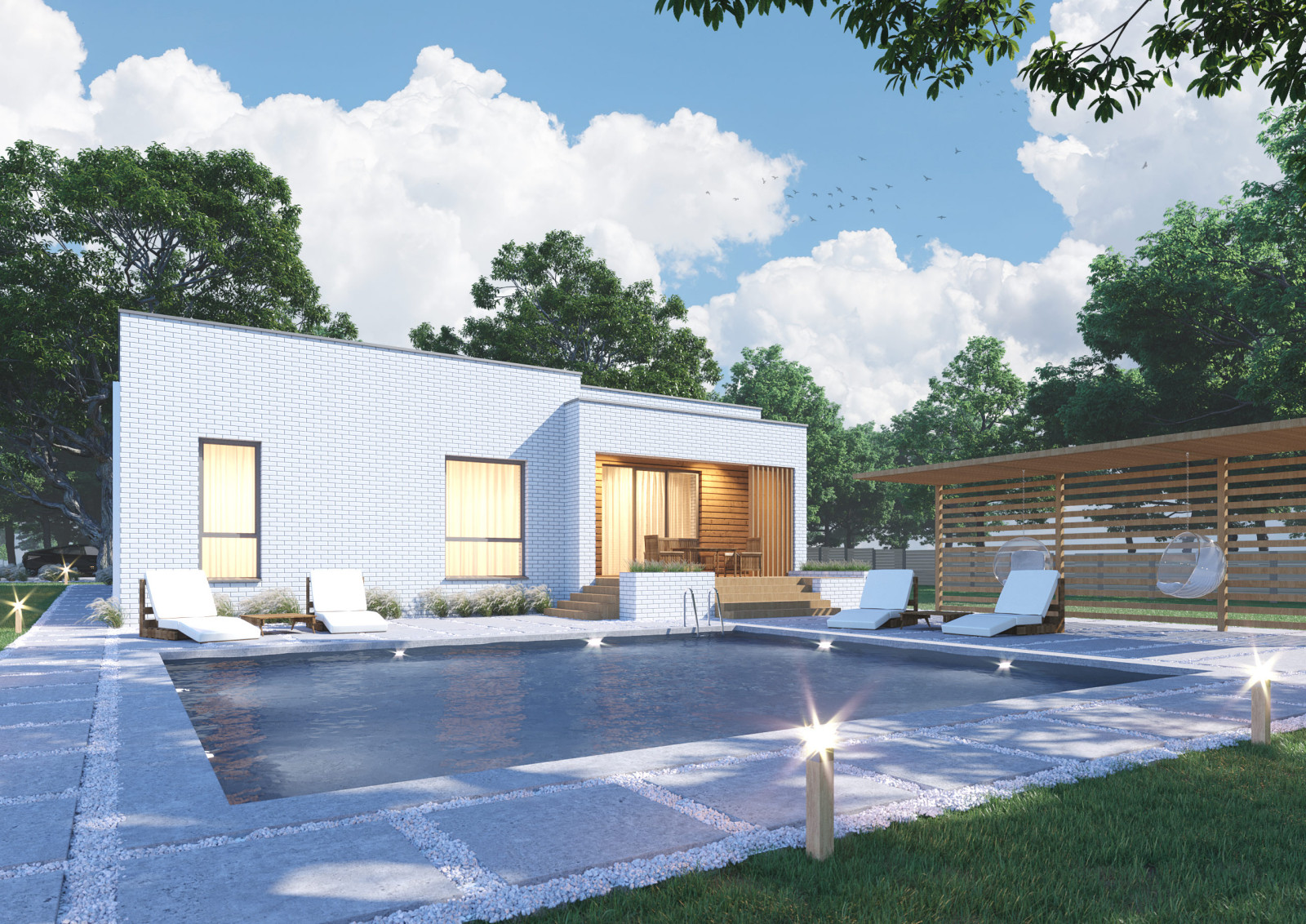 Проект 1-этажного 4-комнатного жилого дома с плоской крышей (флэтхаус)