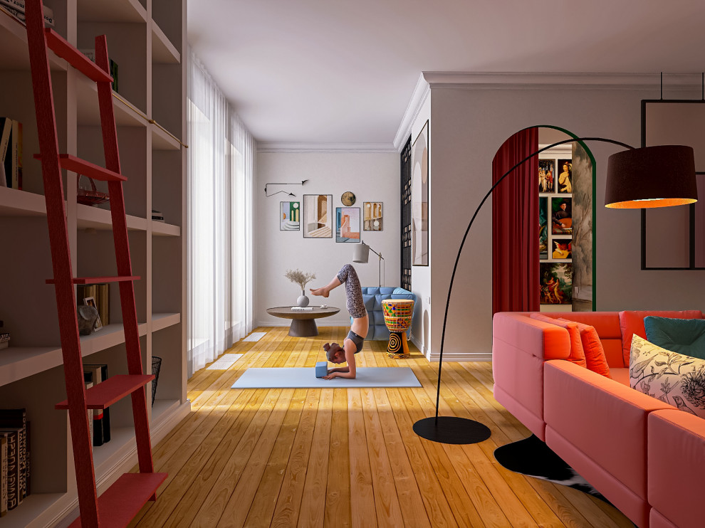 В гостиной достаточно места для занятий спортом