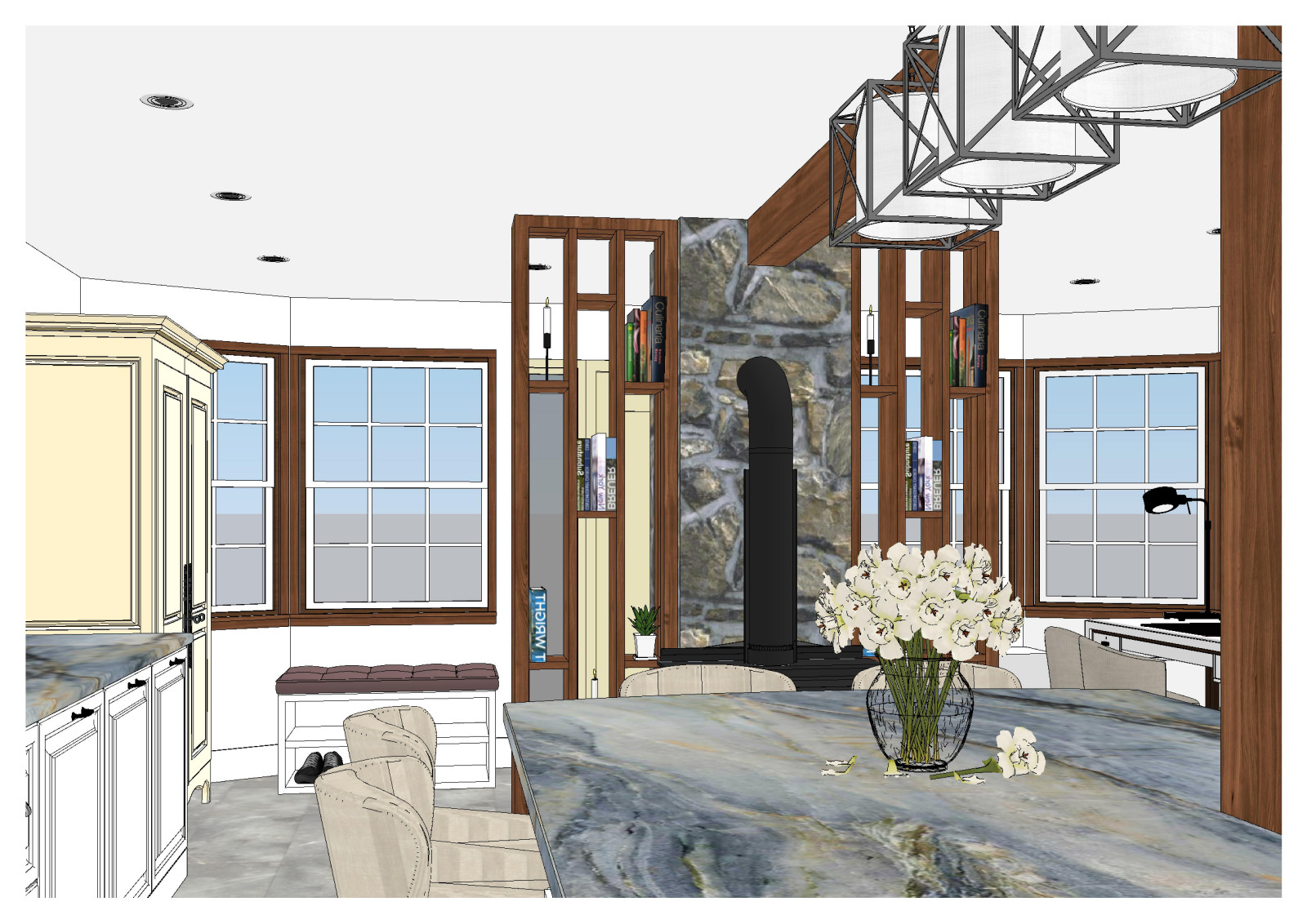 Кухня с большим островом в частном доме в США