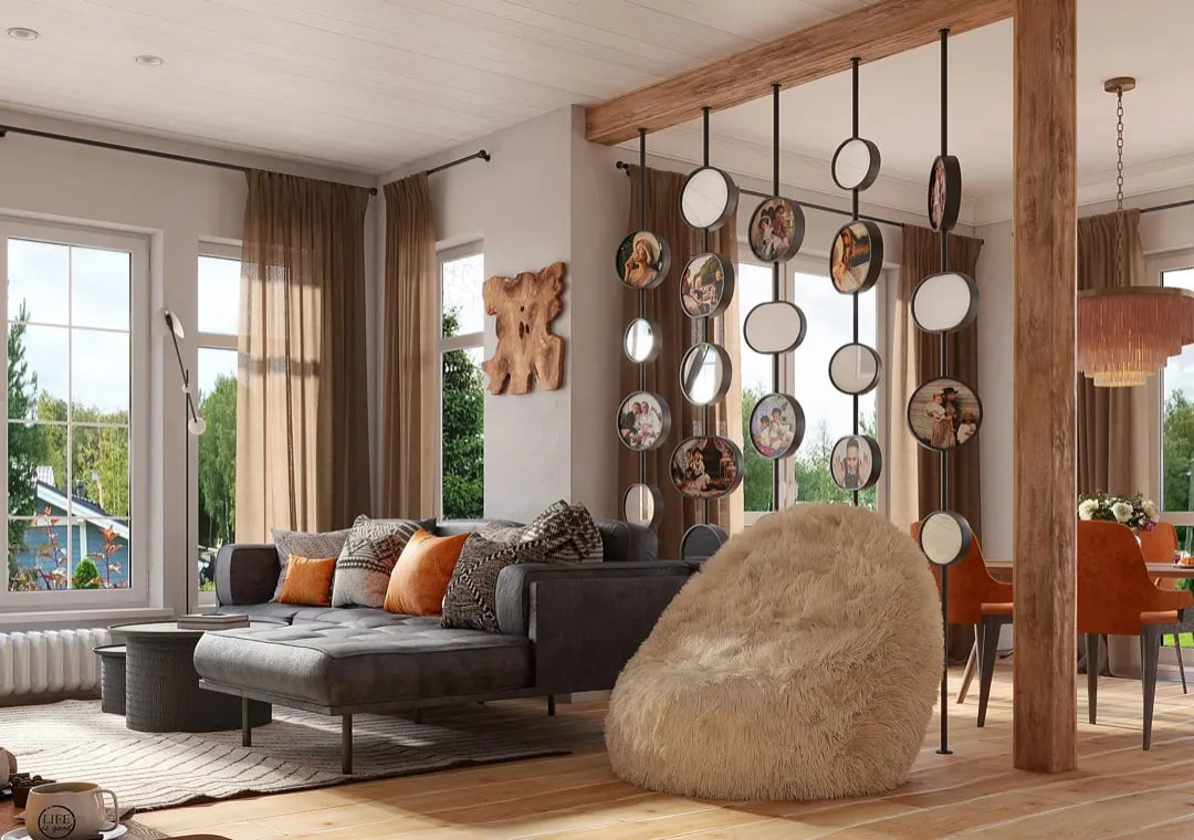 Загородный дом, гостиная и столовая зоны