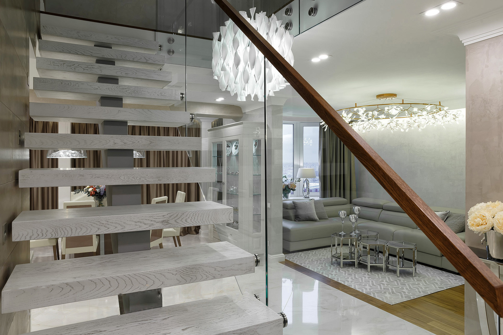 Интерьер двухуровневой квартиры с панорамными окнами, Санкт-Петербург