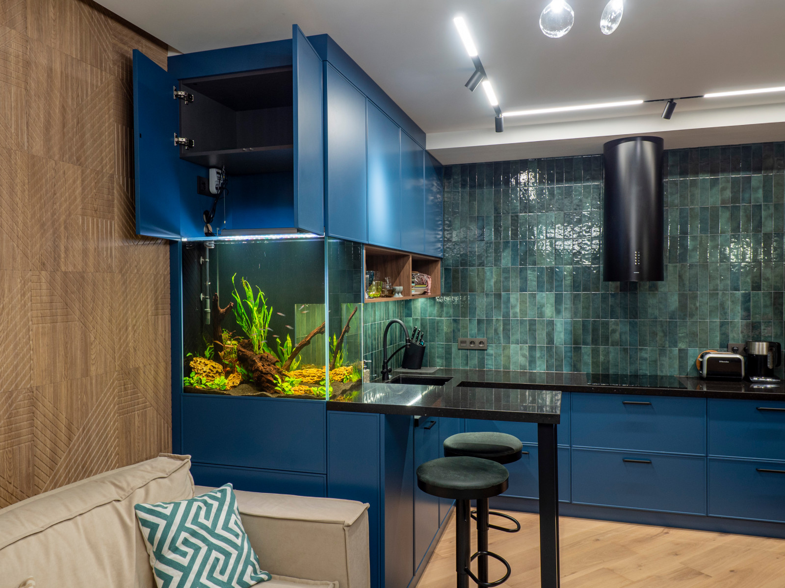 Кухня в современном стиле со встроенным аквариумом