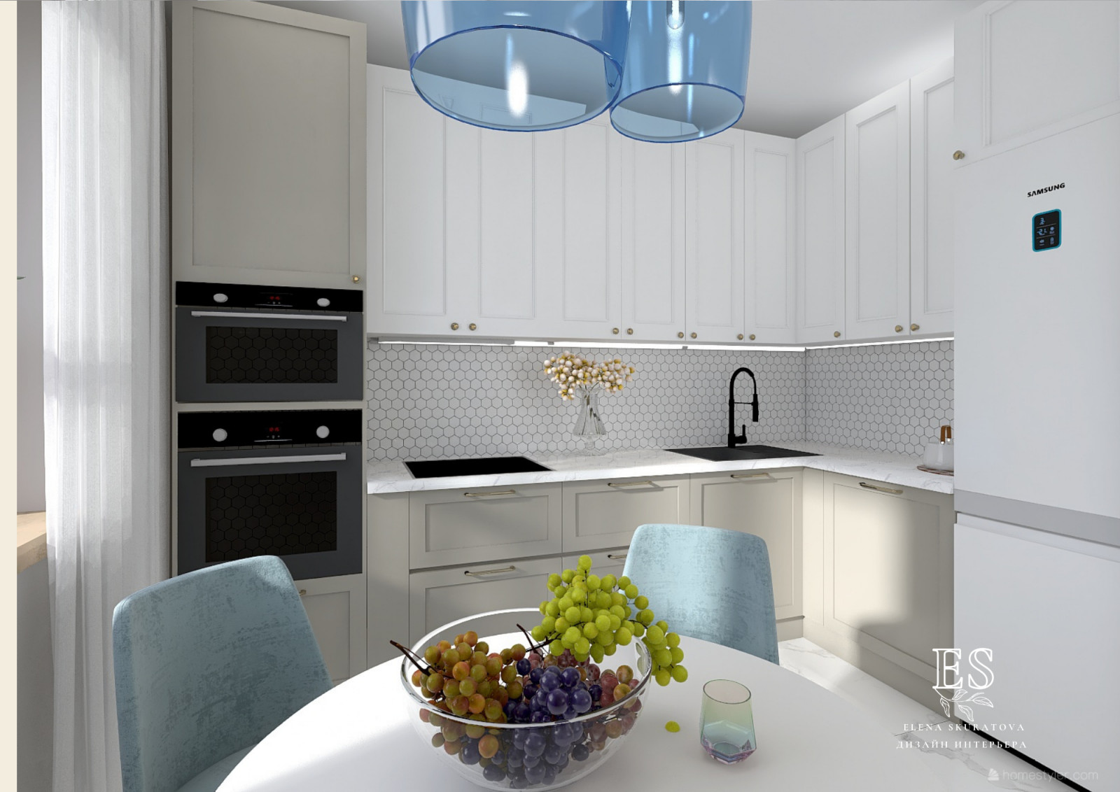 Квартира в бежевых оттенках с голубыми акцентами