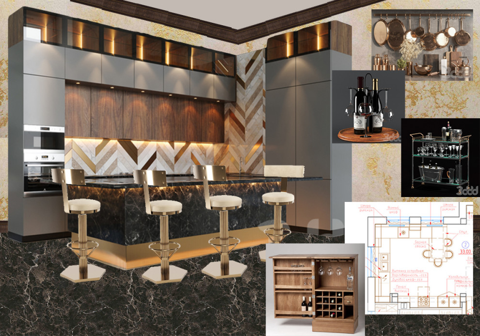 Стилевое решение черный+золото для кухни, столовой и гостиной