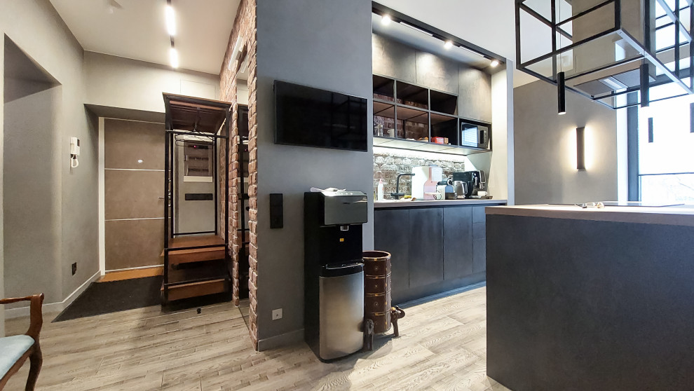 Лофт в квартире фотографа: кухня и холл, 103 кв. м.