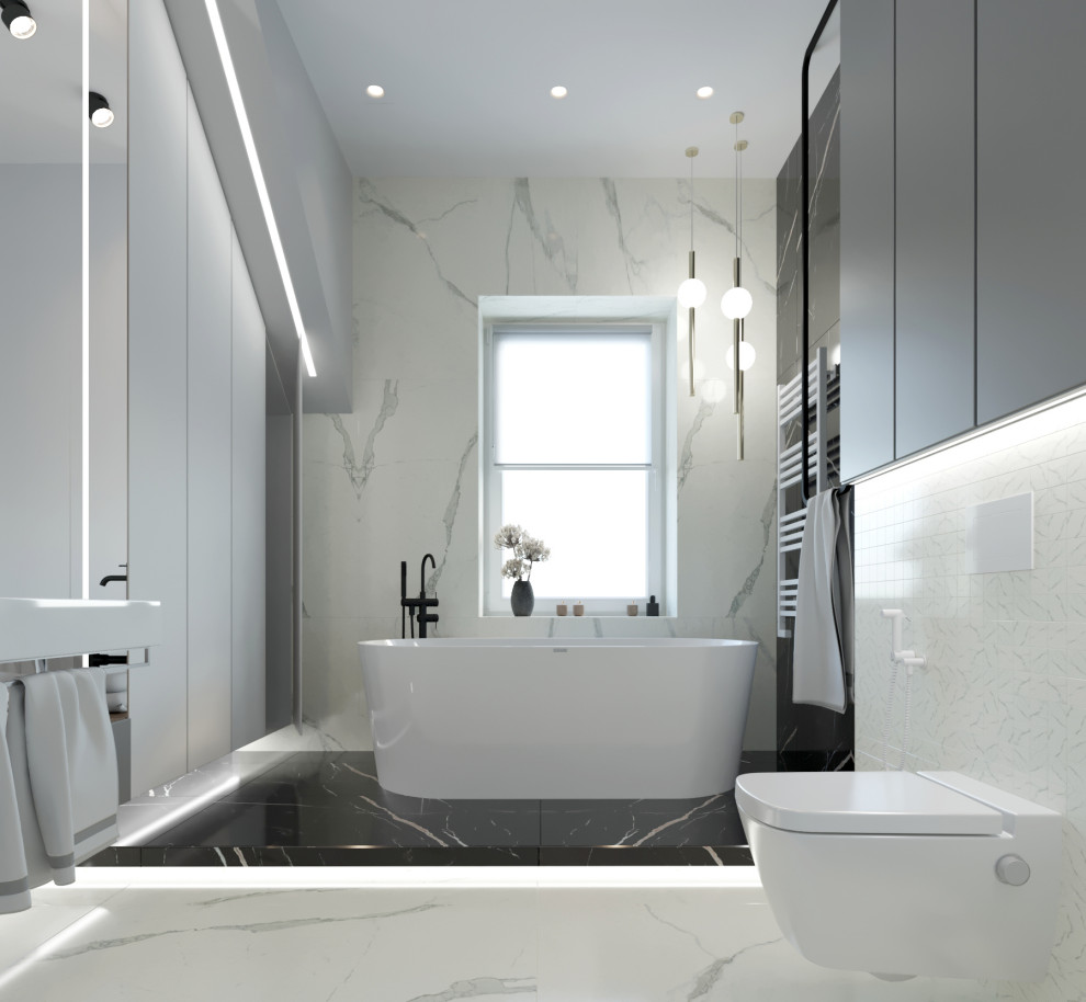 Интерьер дома, с мрамором и яркими акцентами