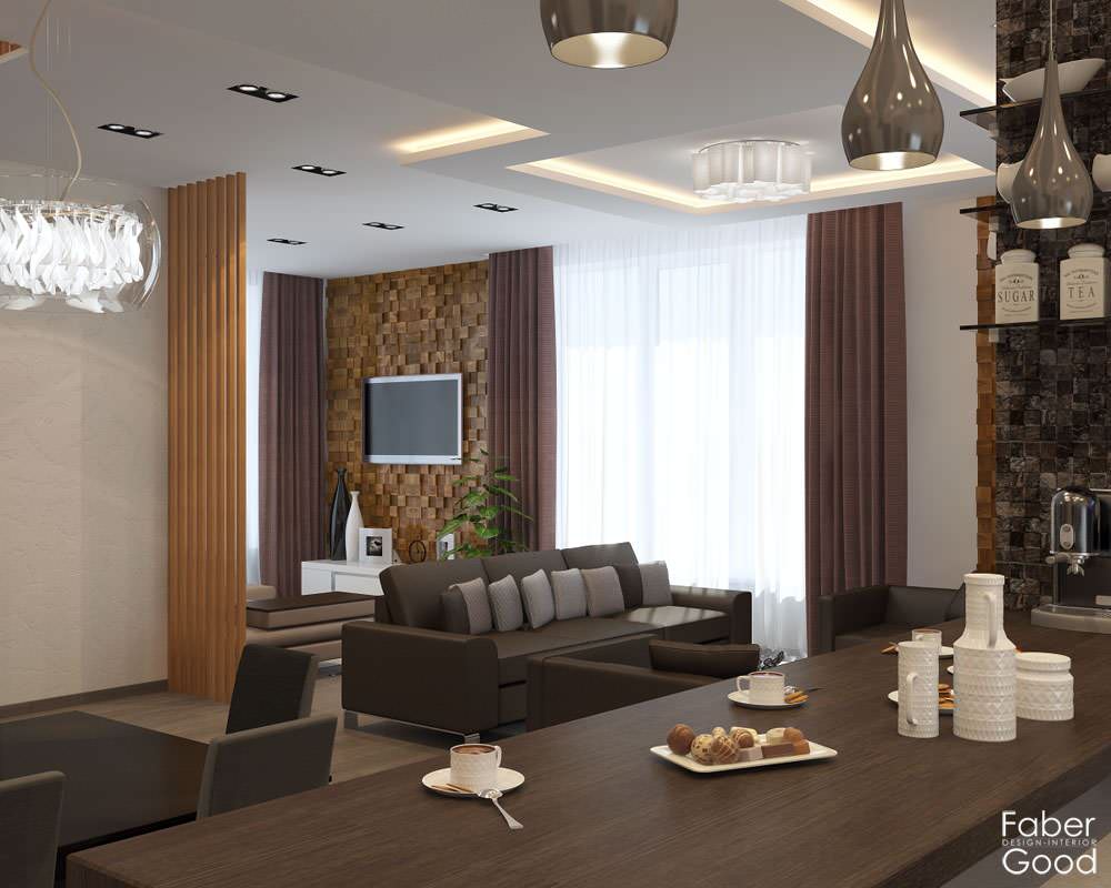 Ракурс с кухни на гостиную и часть столовой зоны