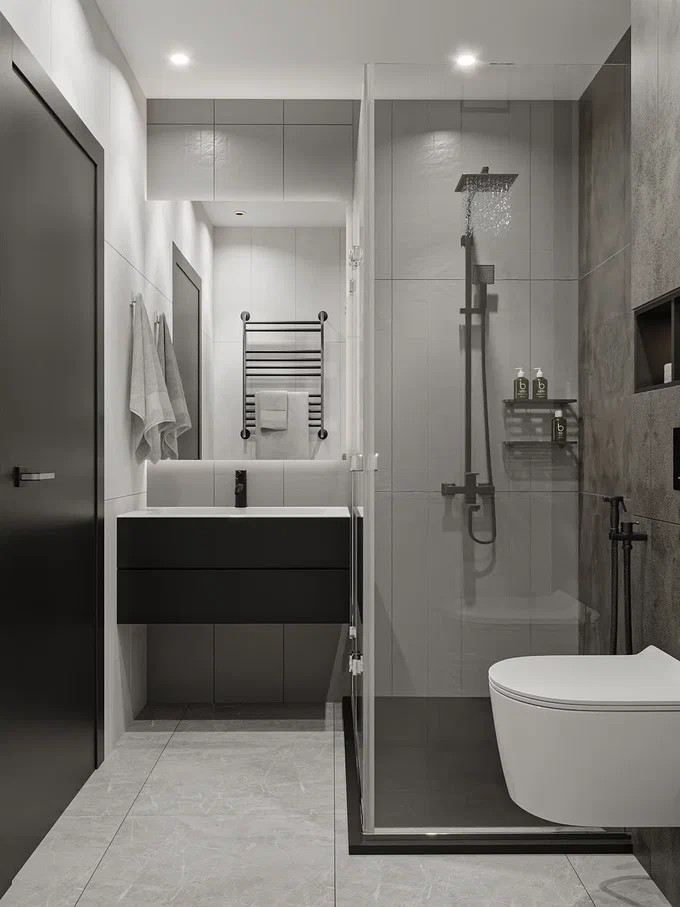 Квартира в стиле минимализм в монохромной серой гамме с яркими акцентами