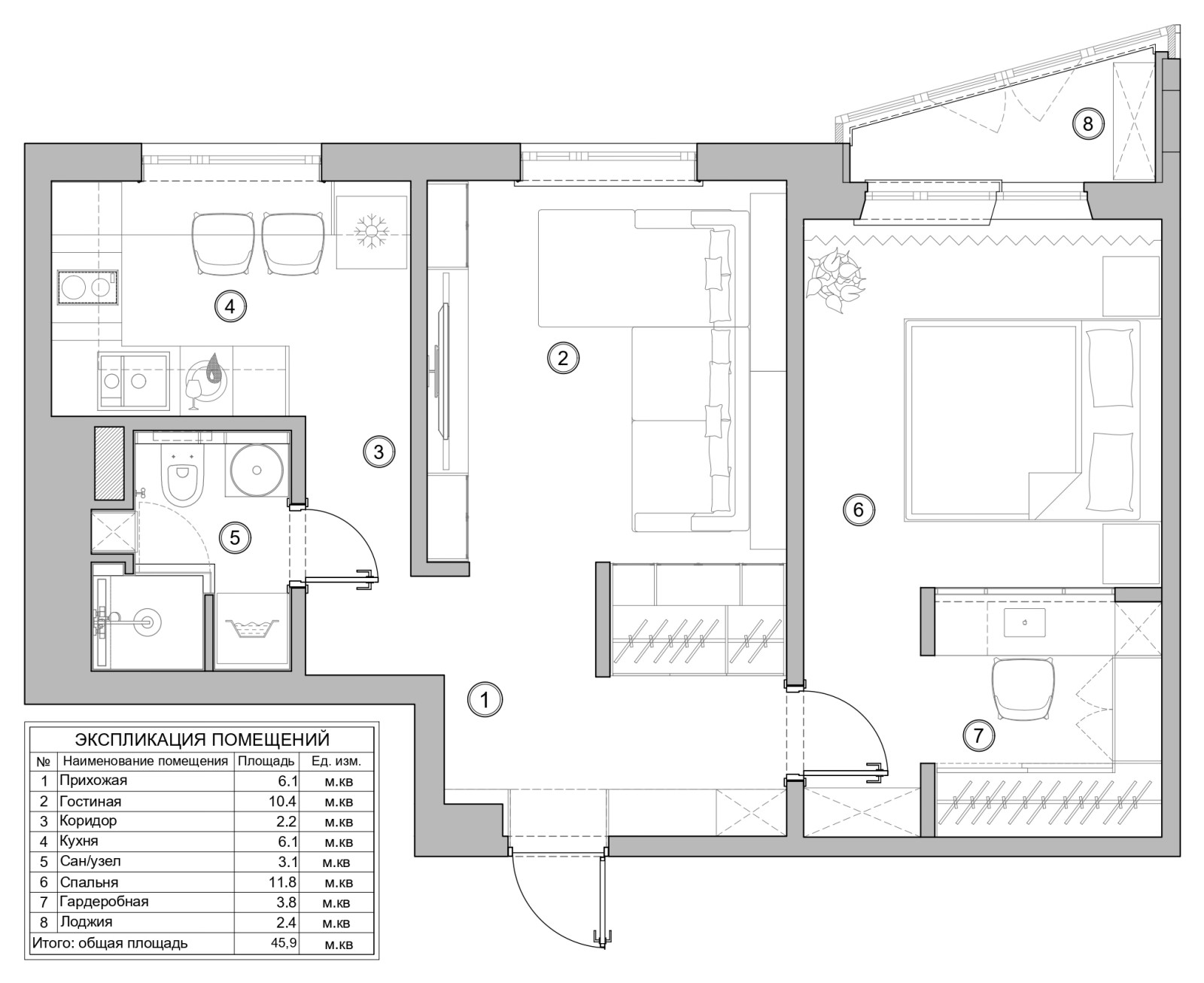 Поиск планировки: «Двушка» с кабинетом и гардеробной [3 плана]