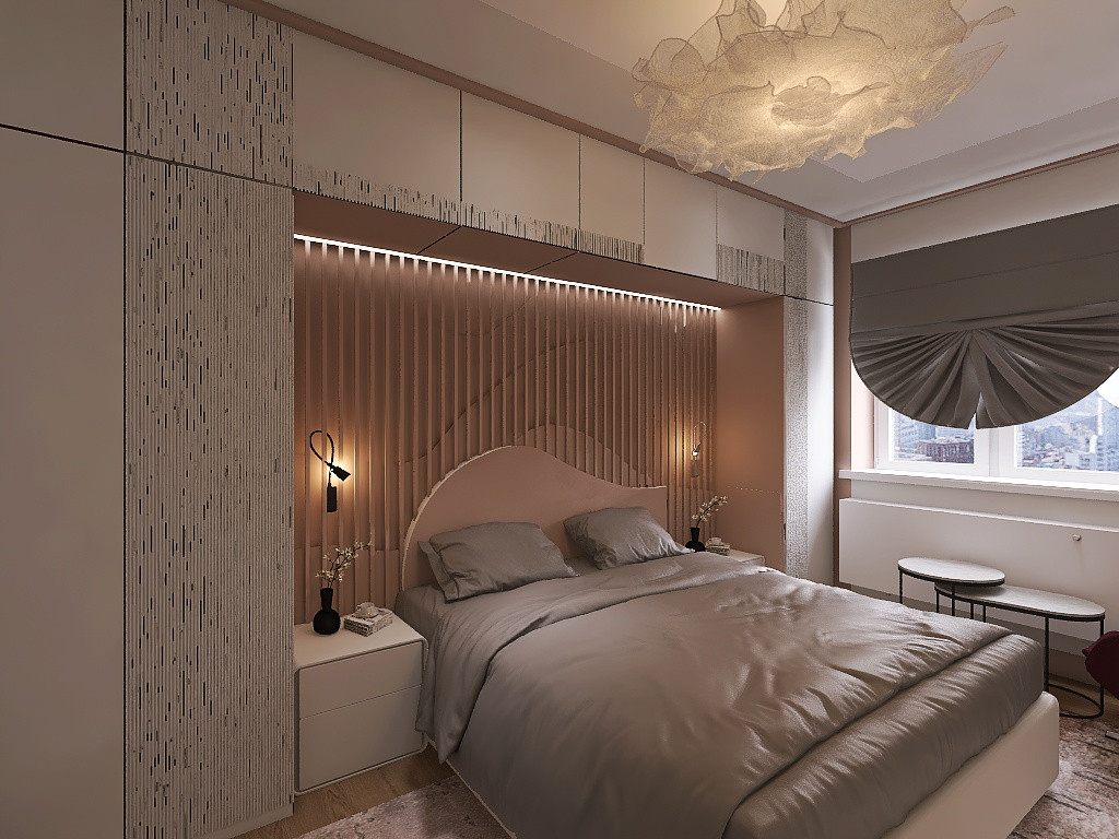 квартира в серо-бежевых тонах с яркой ванной