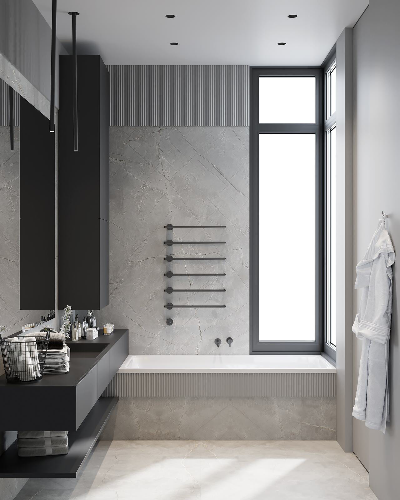 Монохромный интерьер ванной комнаты с необычной душевой