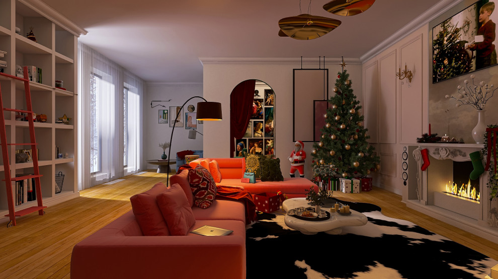 Гостиная украшенна к Новому году, распаковали подарок, а на телевизоре включен "