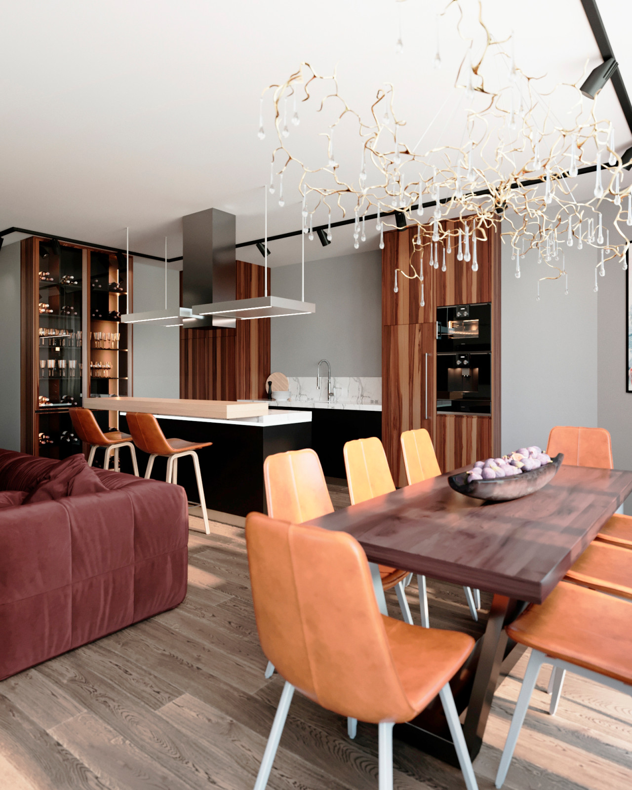 Современная Кухня-гостиная в природных тонах и фактурах