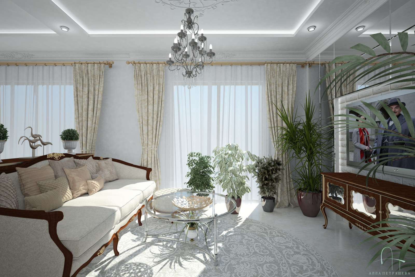 Проект Гостиной-столовой-кухни с французским оттенком.