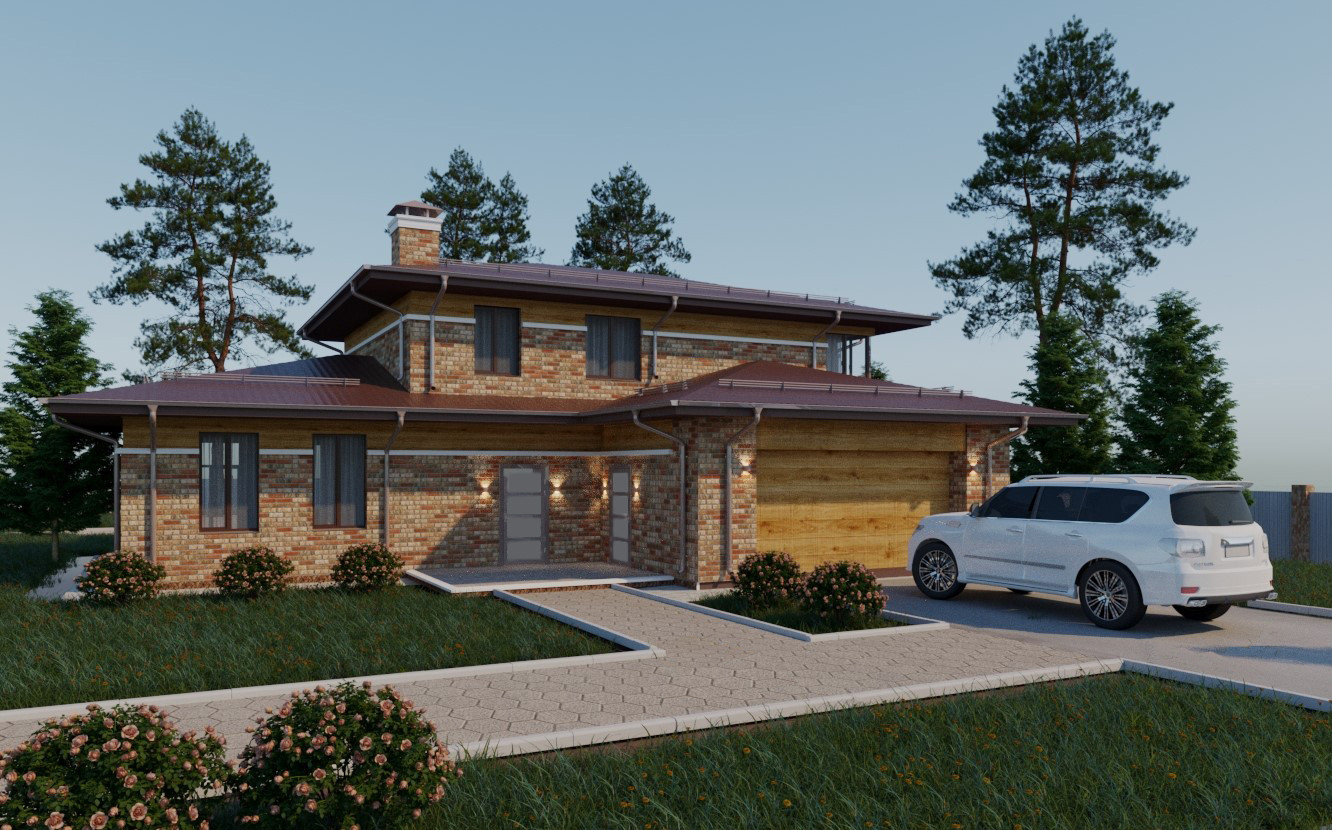 Двухэтажный дом из кирпича в стиле архитектора Ф.Л. Райта