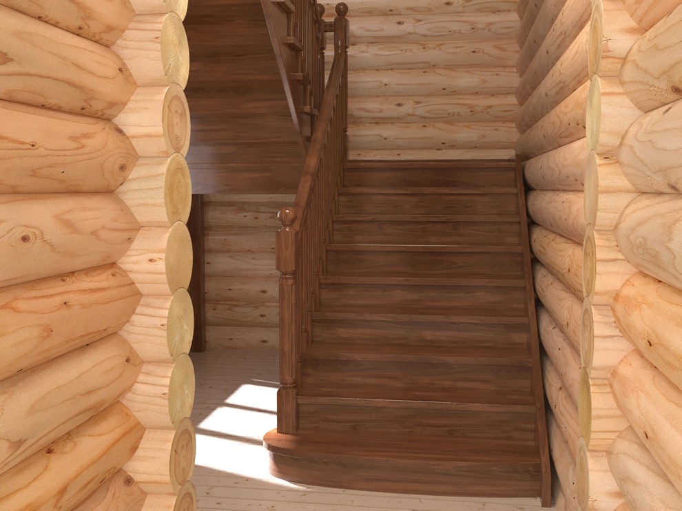 3D визуализация лестницы из дуба в бревенчатом дом