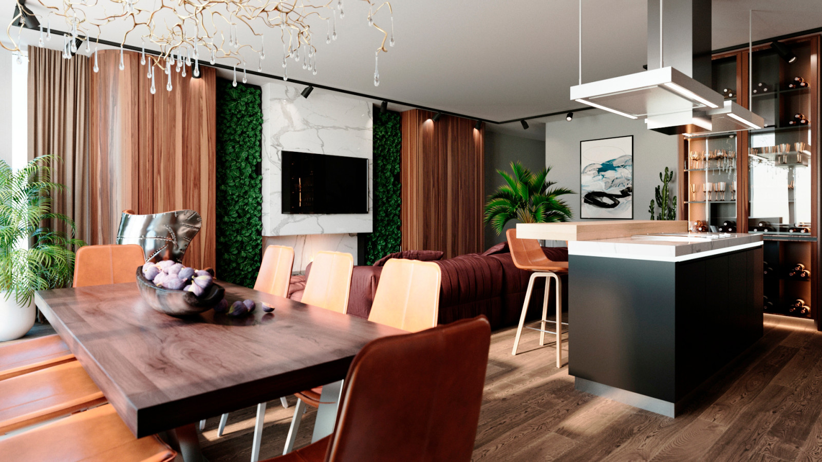 Современная Кухня-гостиная в природных тонах и фактурах