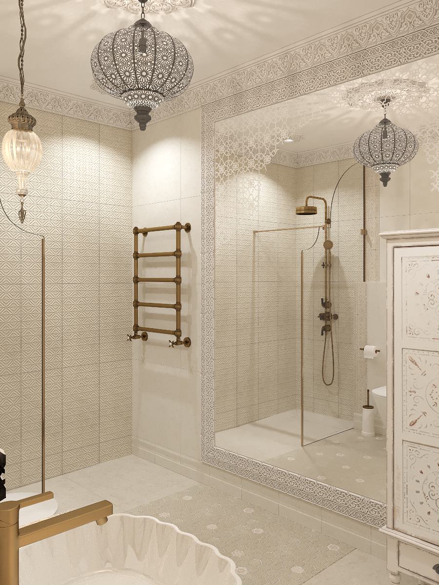 Интерьер санузла в цокольном этаже загородного дома в Восточном стиле.