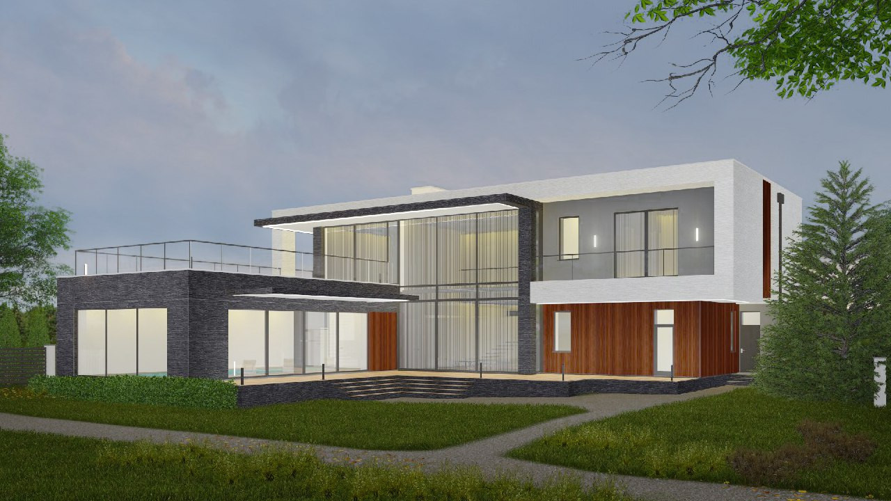 Проект двухэтажного дома в современном стиле, с плоской эксплуатируемой крышей