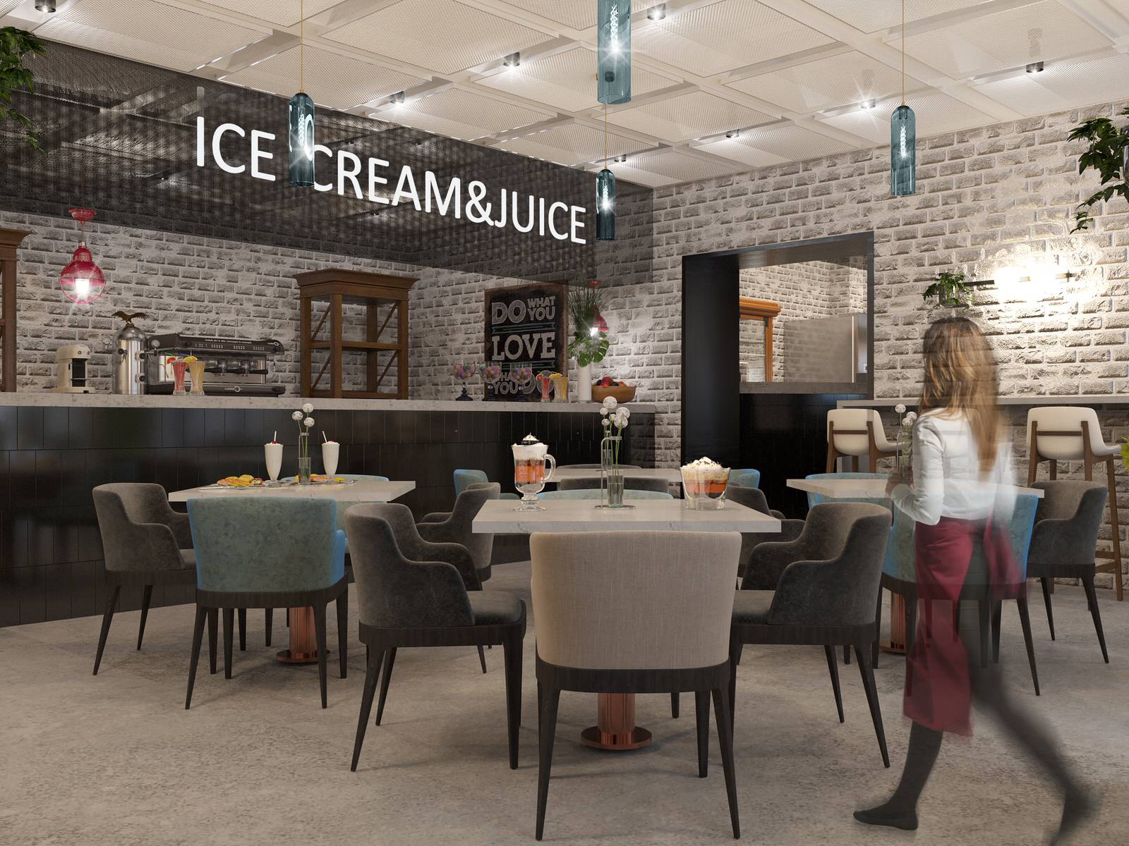Interior visualisation of food court Manor of Food in the center of Moscow