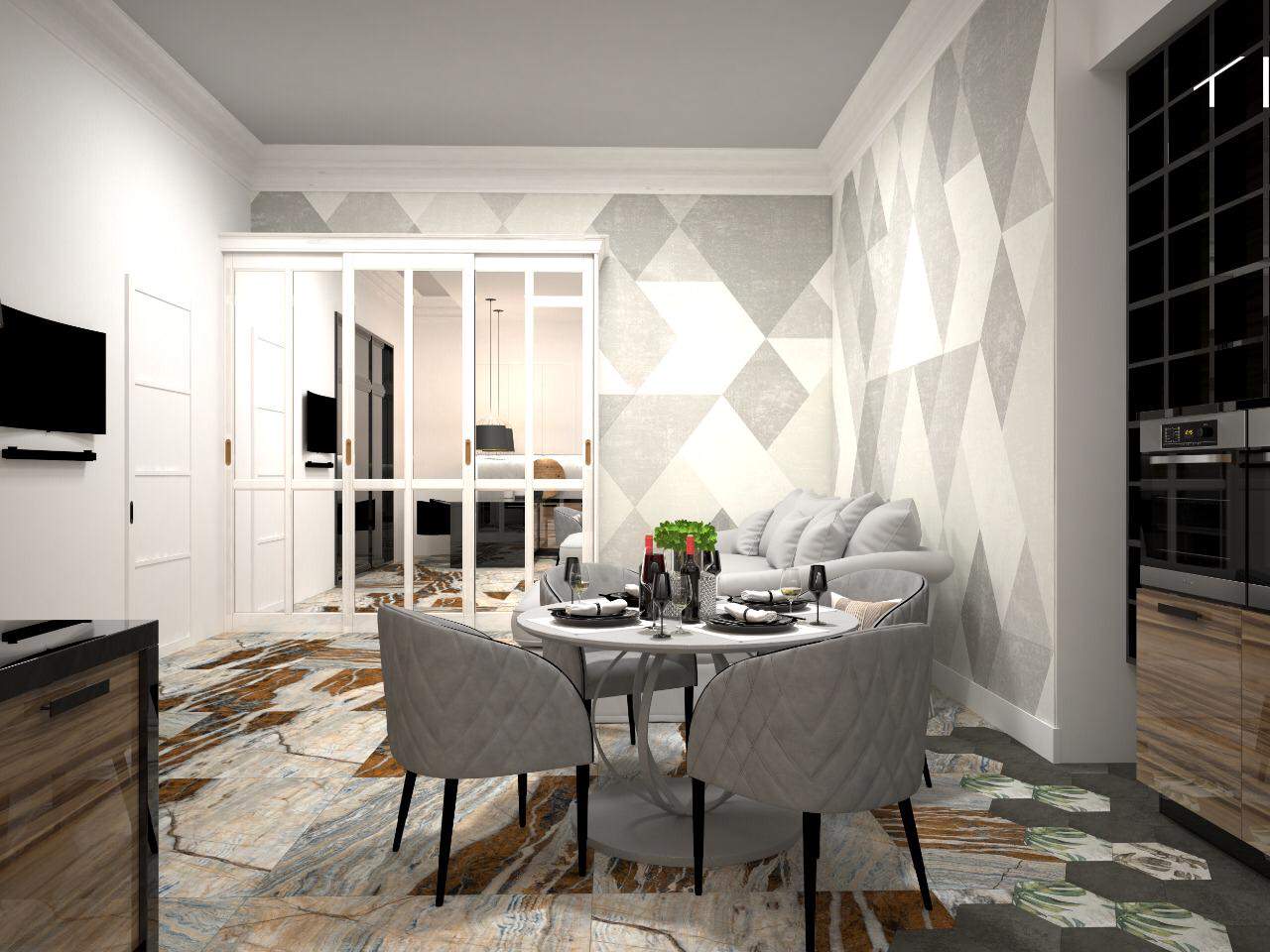 Обложка проекта: ЖК Новосити, г. Новороссийск. Проект кухни совмещенной с гостиной