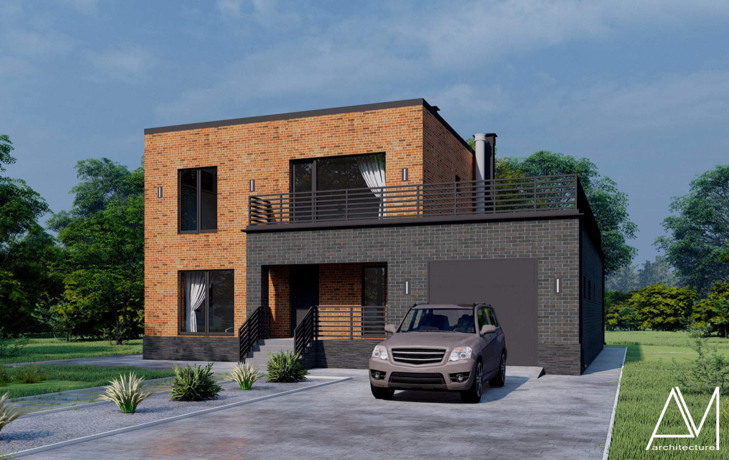 Двухэтажный дом с плоской кровлей