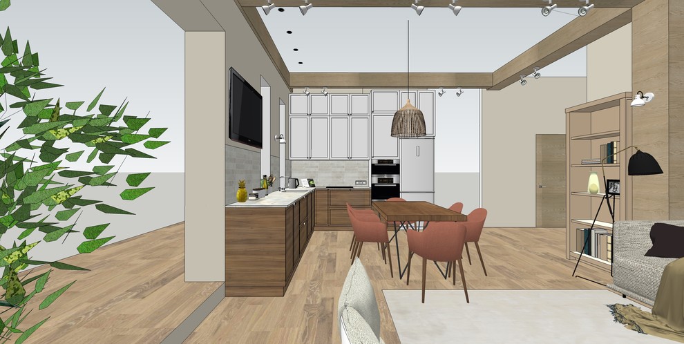 Деревянные балки в современной кухне-гостиной