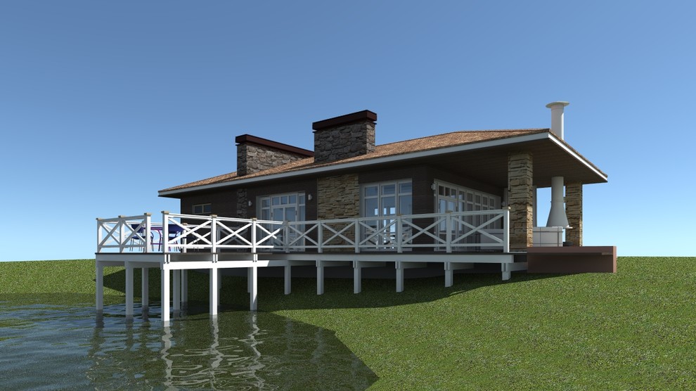 Обложка проекта: Летняя кухня загородного дома на берегу пруда.