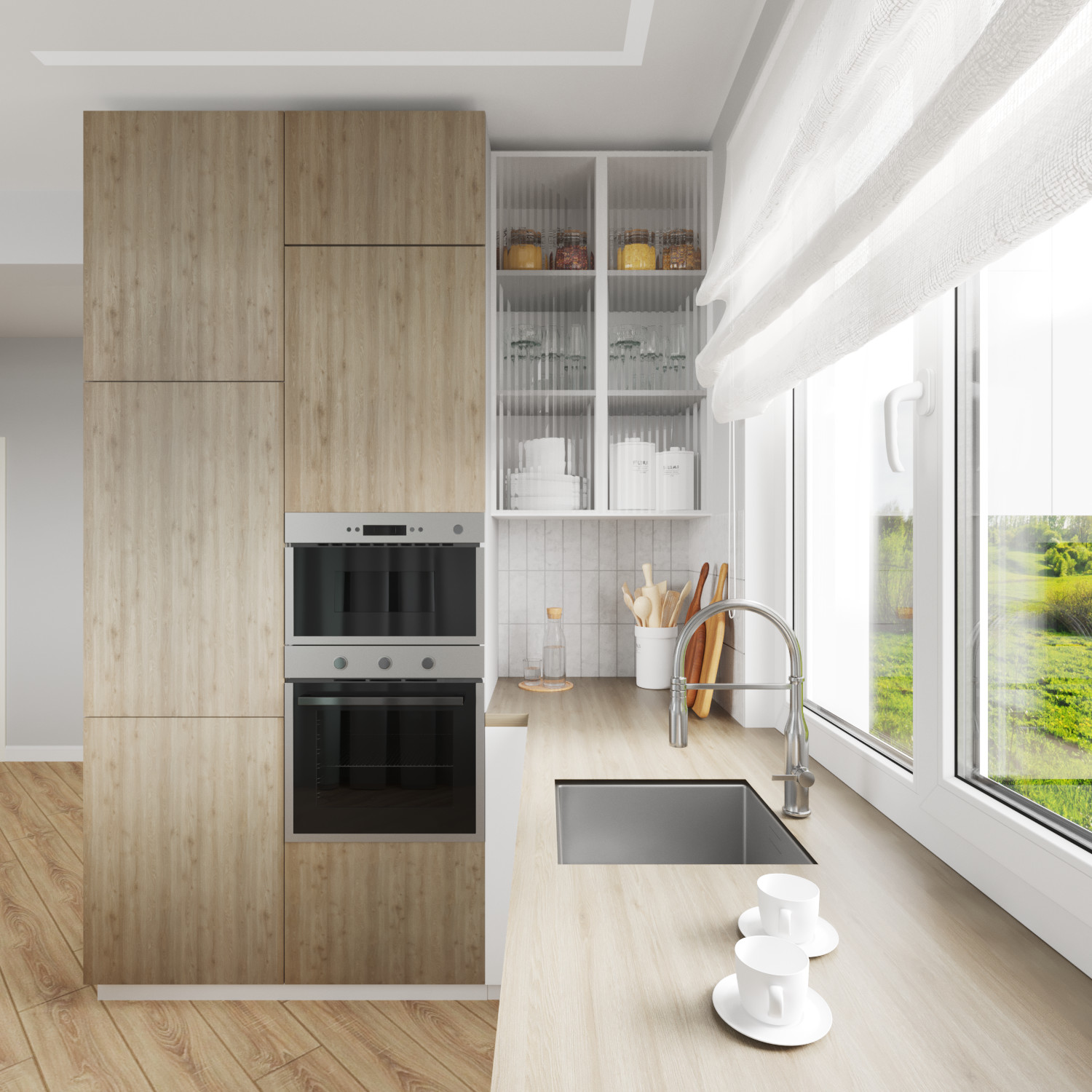 Светлая кухня-гостиная в загородном доме