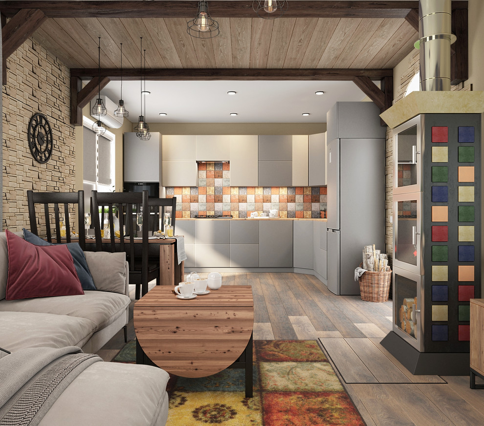 Обложка проекта: Дизайн-проект кухни гостиной с печью-камином