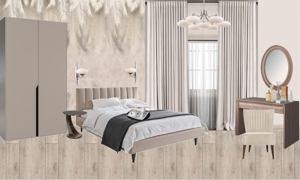 Коллаж спальни 12 кв. метров с двухспальной кроватью, большим шкафом для одежды