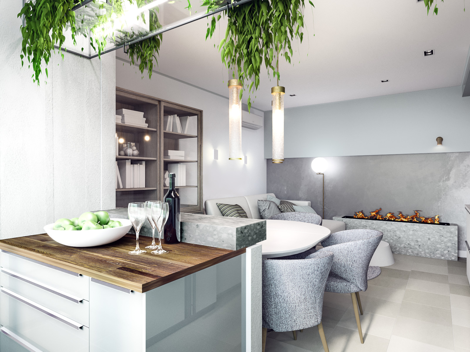 Soft-minimal кухня-гостиная с панорамным остеклением